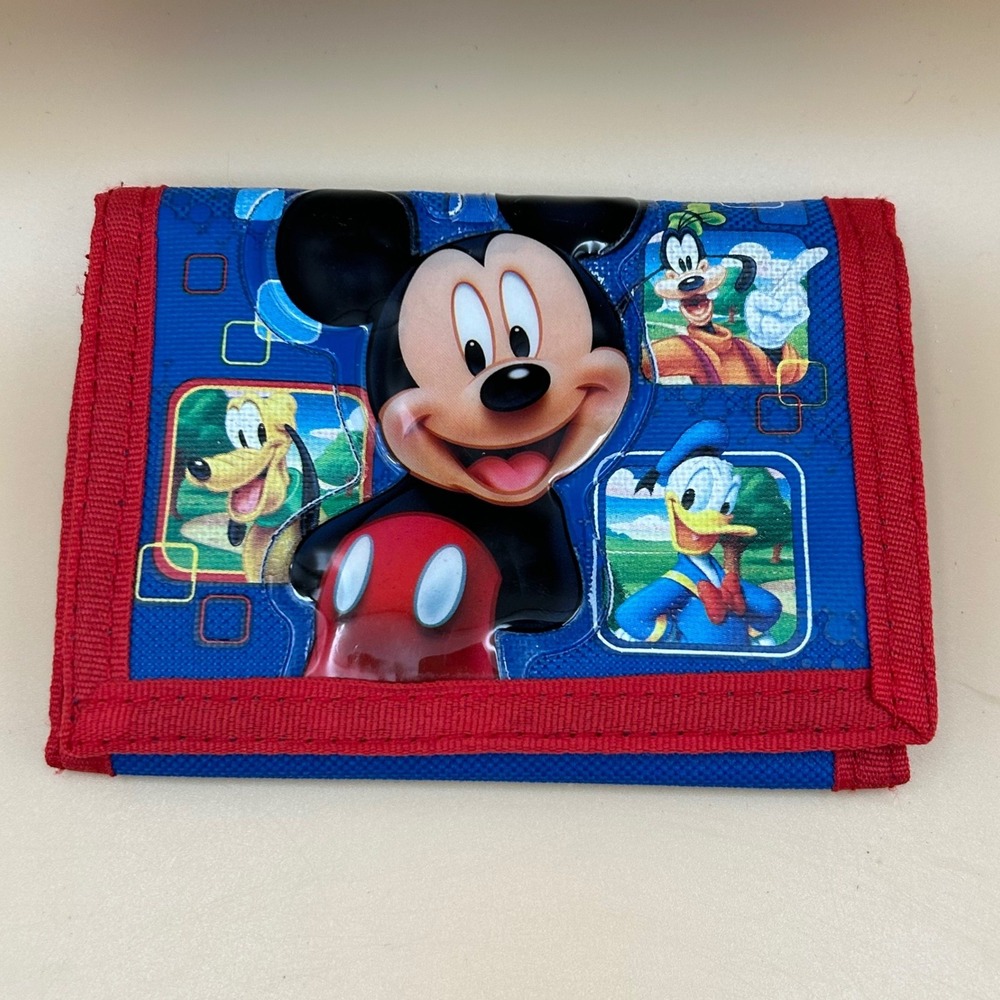 Disney Mickey Mouse & Friends Blue Nylon Trifold Wallet 3D Graphic Kids Red Trim